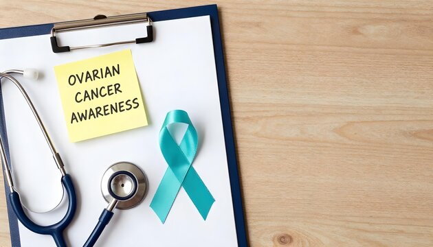 Teal ribbon on a background promoting ovarian cancer awareness, symbolizing hope and support for women facing the illness