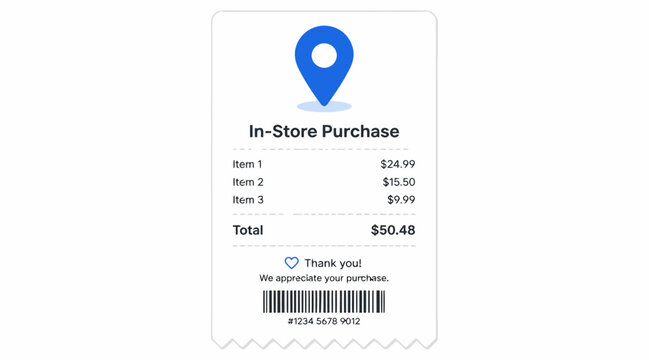 Digital receipt illustration detailing an in-store retail purchase transaction with itemized list, total amount, location pin, and barcode