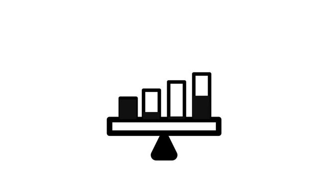 Black and white minimalist icon of a financial bar chart balancing on a seesaw pivot, symbolizing market stability and risk management.