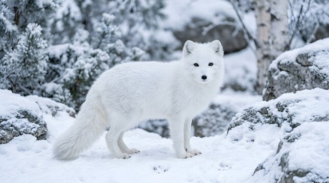 Arctic fox standing in a snowy winter landscape