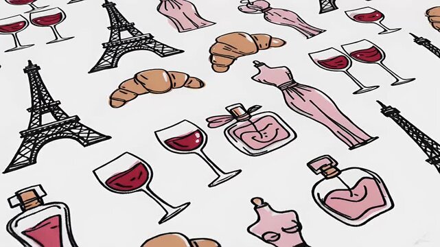 Parisian lifestyle pattern motion graphic loop, Eiffel Tower, perfume bottles, wine glasses, croissants, fashion dress outlines