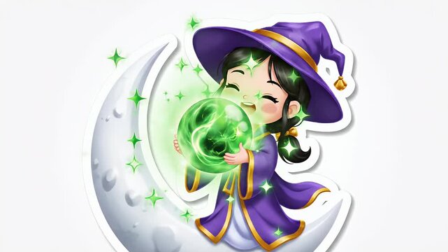 Cute witch character sitting on crescent moon holding magic glowing orb animation