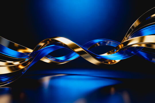 A sleek abstract 3D design featuring twisted glossy blue and gold metallic ribbons arranged symmetrically in a dynamic composition.