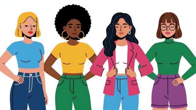 Diverse group of four women with different ethnicities and styles, representing unity and female empowerment, animation