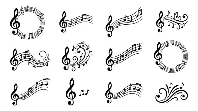 Musical Notations and Ornaments: A collection of graphic elements featuring treble clefs, musical notes, and decorative swirls, perfect for composing a symphony of design ideas.