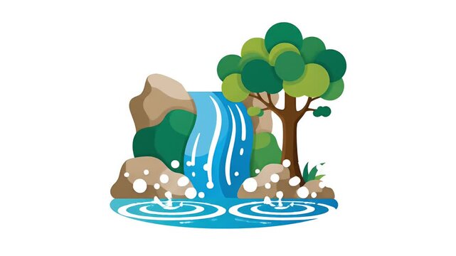 Motion graphic of a pixelated waterfall flowing into a pool with rocks and a tree, surrounded by leaves