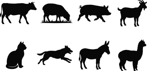 Obraz premium Set of black silhouettes featuring various farm animals and pets including cow sheep pig goat cat dog