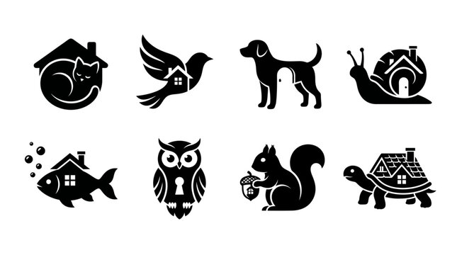 Animal Home Vector Icons Cat Bird Dog Snail Fish Owl Squirrel Turtle House Silhouette Creative Habitat Illustration Design Collection