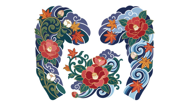 Japanese tattoo sleeve designs with flowers and ocean waves.