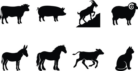 Obraz premium Set of black silhouettes featuring various farm animals, livestock, and domestic pets isolated on white background