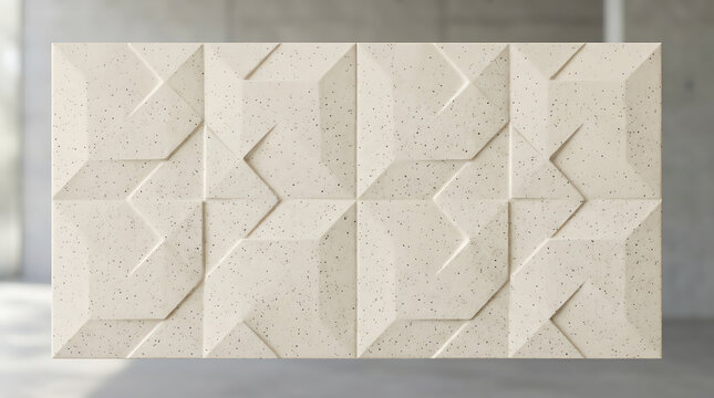Geometric wall panel displays a modern three-dimensional pattern with sharp angular lines and a textured beige surface suitable for contemporary interiors.