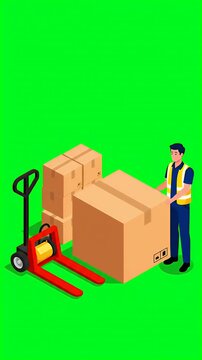 Animated isometric delivery man pushing cardboard boxes with pallet jack logistics and shipping motion graphic