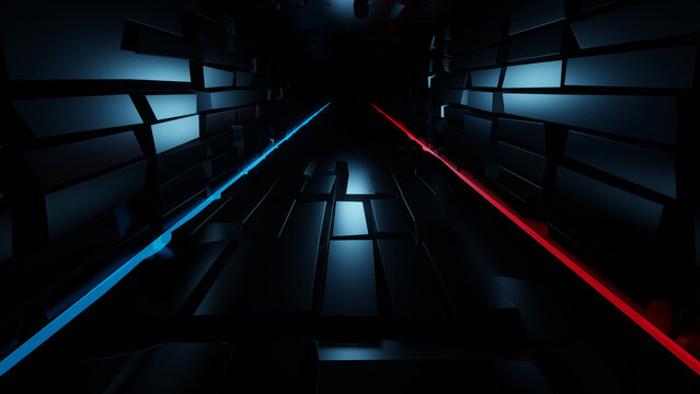 Dark futuristic tunnel red glowing light beam sci-fi background
