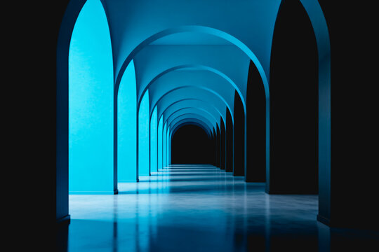 A symmetrical modern interior corridor with repeating curved cyan arches leading to a dark empty end, featuring a smooth reflective floor.