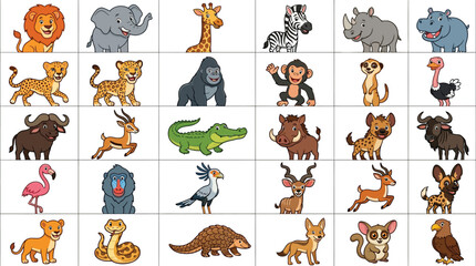 Naklejka premium Colorful collection of cartoon African safari animals.