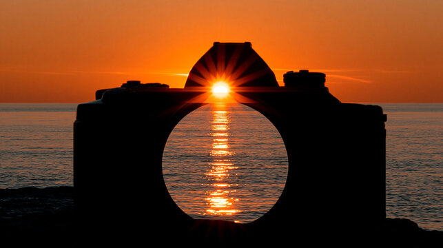 Silhouette of a camera shaped structure framing a beautiful ocean sunset with the sun beaming through the lens