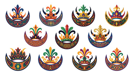 Collection of ornate crowns and royal emblems with crescent moon shapes, featuring intricate patterns and vibrant colors.