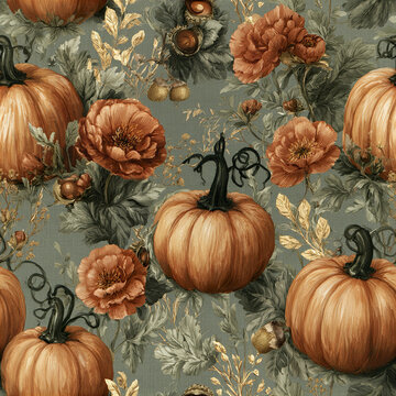 Vintage pumpkin and flower pattern with hand painted orange blooms and autumn leaves creating warm cozy fall atmosphere