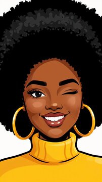 Winking woman with afro hairstyle and hoop earrings, smiling portrait with yellow turtleneck, animation