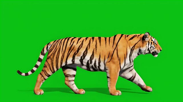Animated tiger walking on a green screen background with realistic fur texture and striped pattern, jungle predator motion graphic