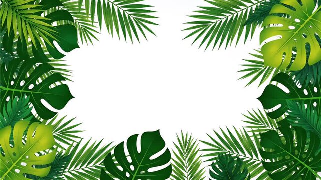 Tropical jungle leaves frame, green monstera and palm fronds on white background, summer background for design