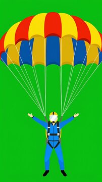 Animated skydiver in blue suit and colorful parachute descending against green screen footage, adventure sport
