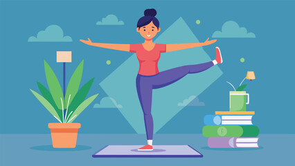 Fototapeta premium Editorial woman practicing yoga at home vector illustration with exercise lifestyle wellness stretching training meditation interior practice strength vector illustration