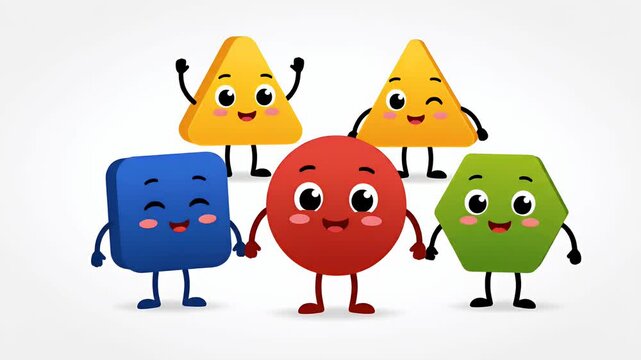 Group of happy cartoon geometric shapes square circle triangle hexagon dancing and celebrating, educational kids animation
