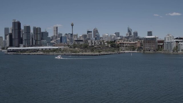 Aerial View of Barangaroo Waterfront and Sydney Skyline on Clear Day