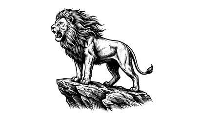 Roaring Lion Standing on Rock Vector Illustration, Wild Big Cat Black and White Woodcut Style © Durjo