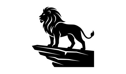 Lion Silhouette Vector Illustration, Wild Big Cat Standing on Cliff Black and White © Durjo
