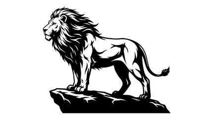 Lion Silhouette Vector Illustration, Wild Big Cat Standing on Rock Black and White © Durjo