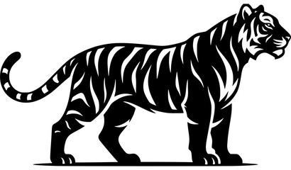 Tiger Silhouette Vector Illustration, Wild Big Cat Black and White Standing Pose © Durjo