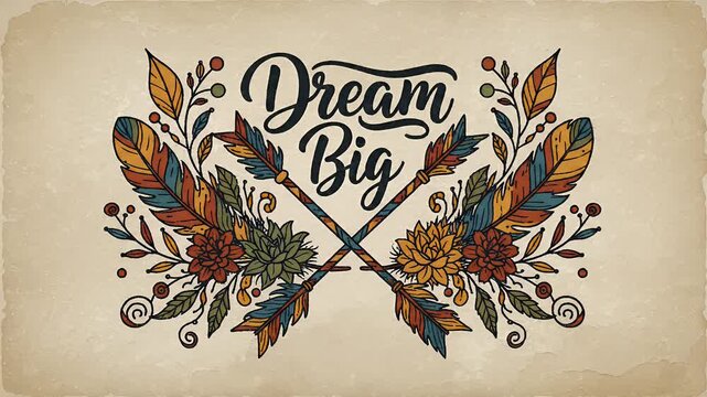 Dream big inspirational quote with crossed arrows and floral elements on a textured background