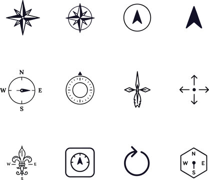 Various compass and direction navigation icons set isolated