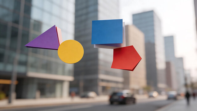 Colorful paper shapes in front of city buildings