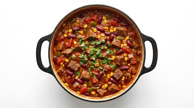 Delicious chili con carne with beef beans and corn in a black cooking pot. one-pot meal ideas