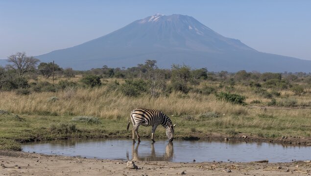 Lone zebra drinks from a watering hole with a majestic snow-capped mountain in the background