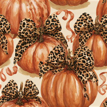 Glamorous leopard pumpkin pattern with hand painted orange and brown tones creating festive and stylish autumn design