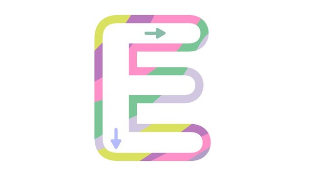 Capital letter E writing animation with direction arrows on a white background. Educational video asset for kids, preschool, and kindergarten students learning handwriting, alphabet tracing, and ABCs.