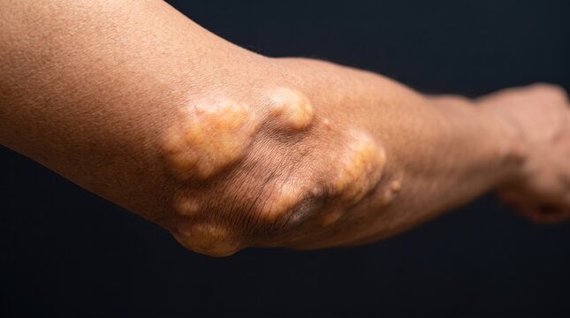 Close up of eruptive xanthoma lesions and lipid deposits on human elbow skin