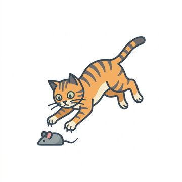 Playful orange tabby cat chasing a mouse toy.