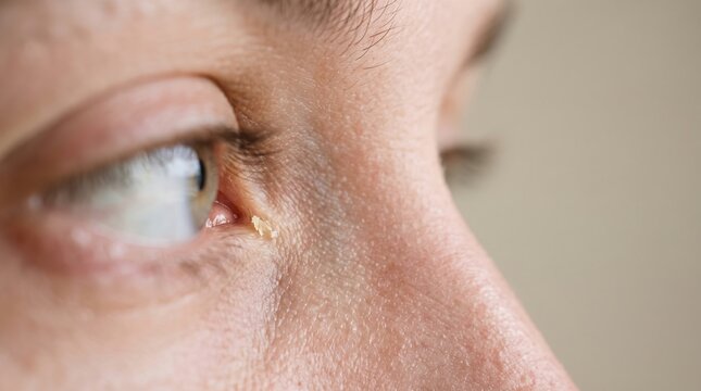 Macro close up of dried eye discharge and rheum at inner corner of human eye