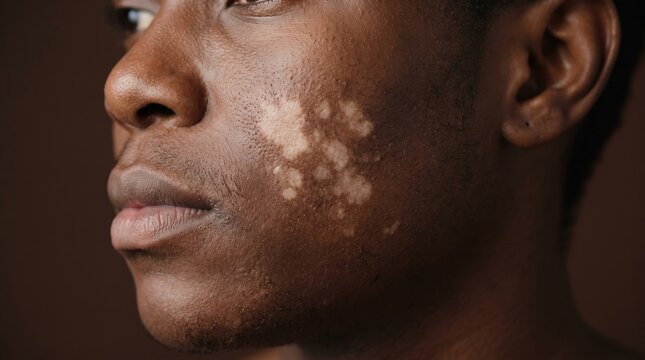 Close up side profile of Black man with vitiligo skin depigmentation on cheek