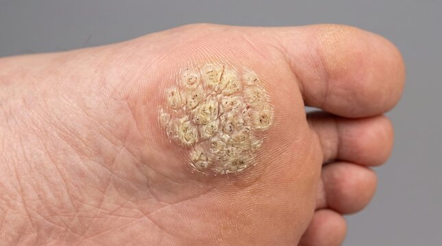 Macro close up of large cluster plantar wart lesion on sole of foot
