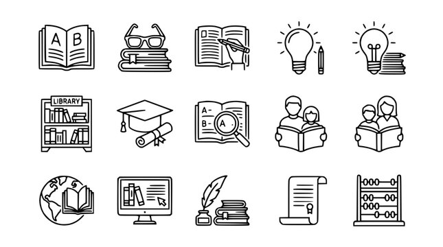 Education and Learning Icons: Books, Graduation, Lightbulb, Globe, Computer, Abacus, Quill
