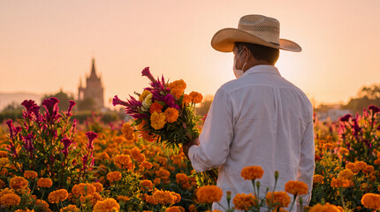 Fototapeta premium A farmer wearing a straw hat and mask holds a bouquet of marigolds in a flower field with the San Miguel de Allende church in the background at sunset.