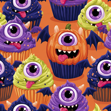 Kawaii cyclops cupcake seamless pattern purple green orange monster with wings and horns on orange background
