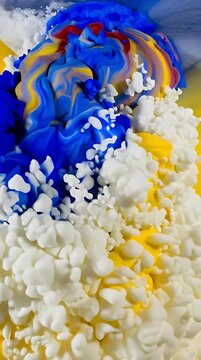 Abstract fluid art explosion with vibrant blue white red and yellow paint swirls creating a dynamic chaotic and colorful splash effect