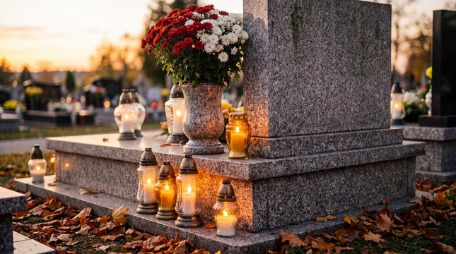 A granite tombstone decorated with a bouquet of chrysanthemums and glowing votive candles in a cemetery during a peaceful autumn sunset.